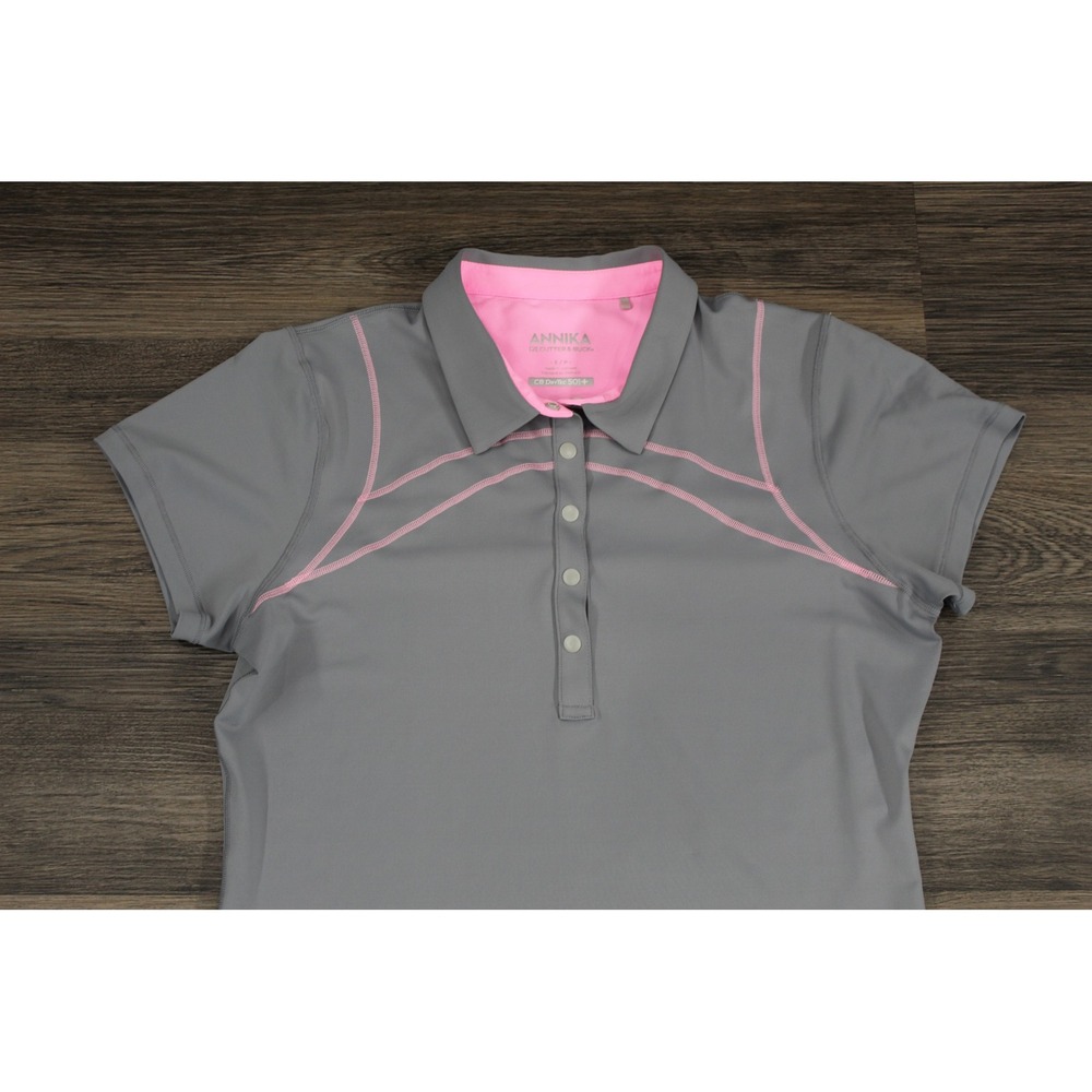 Annika Golf Polo Shirt Athletic Top Short Sleeve Gray Pink Trim Size S